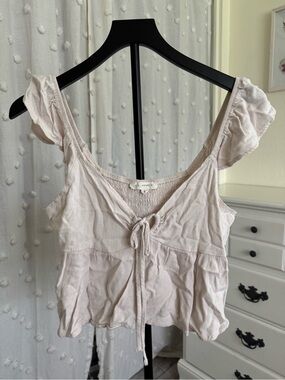 La Hearts Cream Tie-Front Ruffle Sleeve Crop Cami